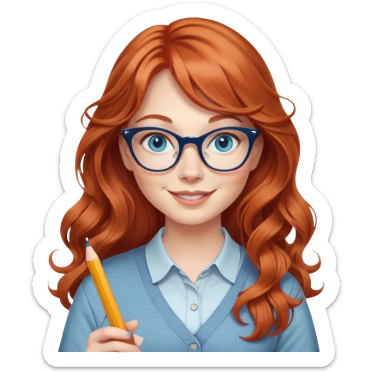 redheaded woman with very long wavy hair and bangs, blue eyes, clear cat-eye glasses, casual chic outfit, holding a pencil, smiling sticker