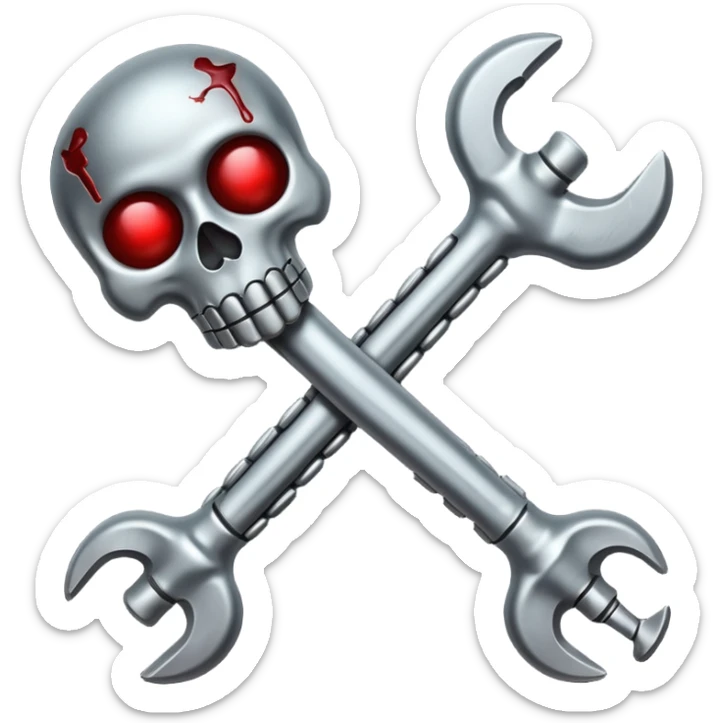 Emoji-style metallic bones with traces of blood, steel texture, dark dramatic tone, clean background sticker