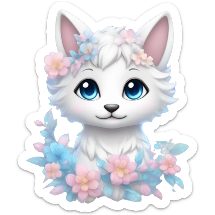 Anthro Cute Cool Pastel Kawaii gorgeous sparkly ethereal fantasy animal creature with blue eyes furry sona with flowers and ribbons beautiful aesthetic sticker