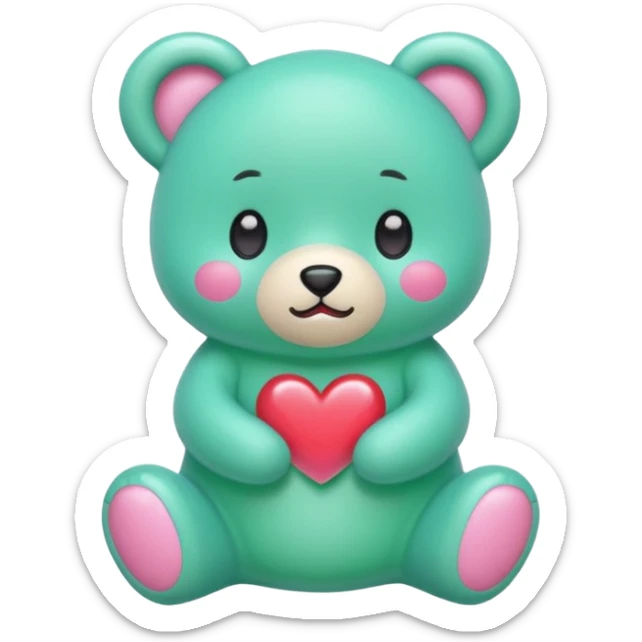 Oso gummy color verde agua  corazón rosa kawaii con cuerpo entero parado sticker