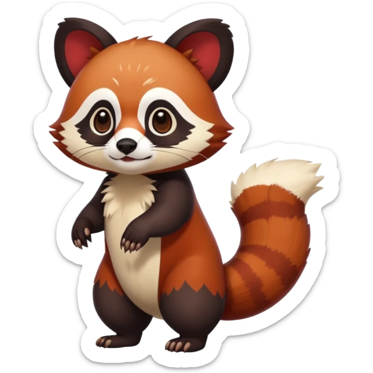 Cute cool white red dark-brown black red-panda-weasel-tanuki-animal hybrid Fakemon full body sticker