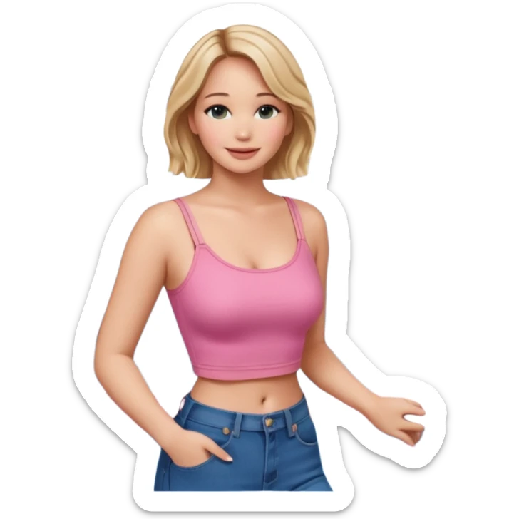 jennifer lawrence, pink crop top, and blue jeans, leaning on a balcony with a harbor and cityscape in the background, smiling sticker