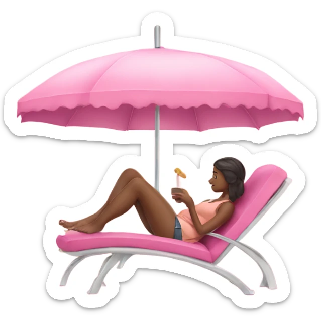 Girl lounging with her feet on a. Pink chair under a umbrella  sticker