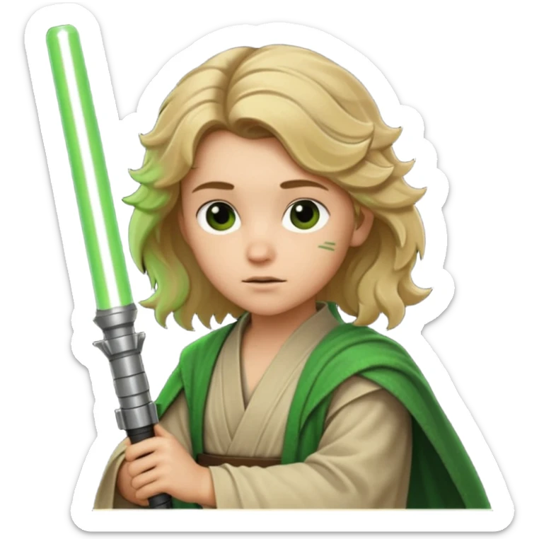 Young jedi with dirty blonde wavy hair holding a green lightsaber sticker
