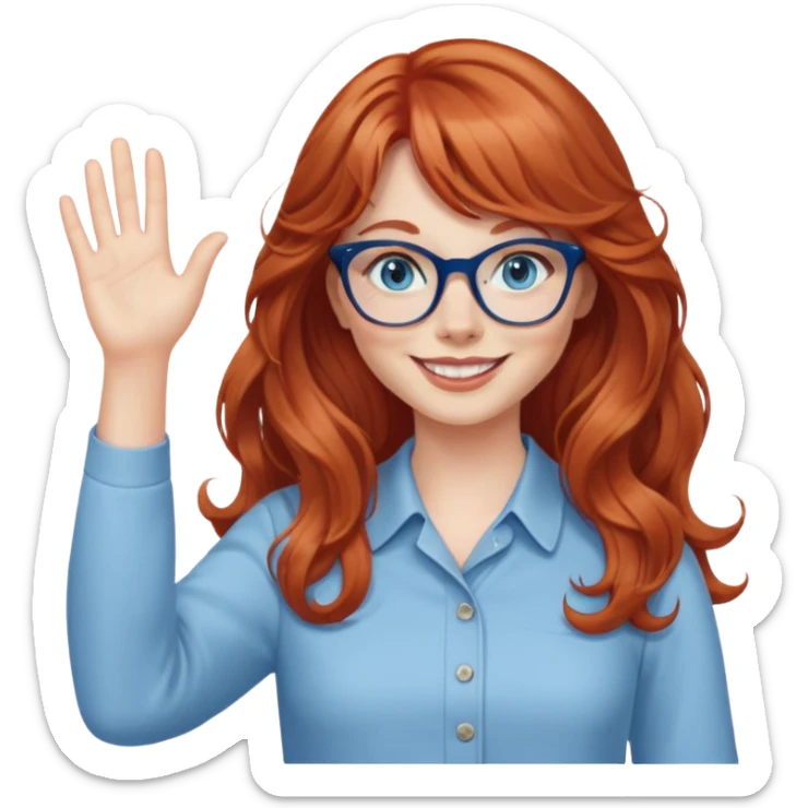redheaded woman with very long wavy hair and bangs, blue eyes, clear cat-eye glasses, casual chic outfit, smiling, waving sticker