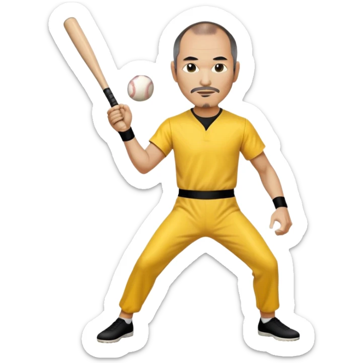 Steve Jobs wearing Bruce Lee's yellow jumpsuit, holding a baseball bat and ball sticker