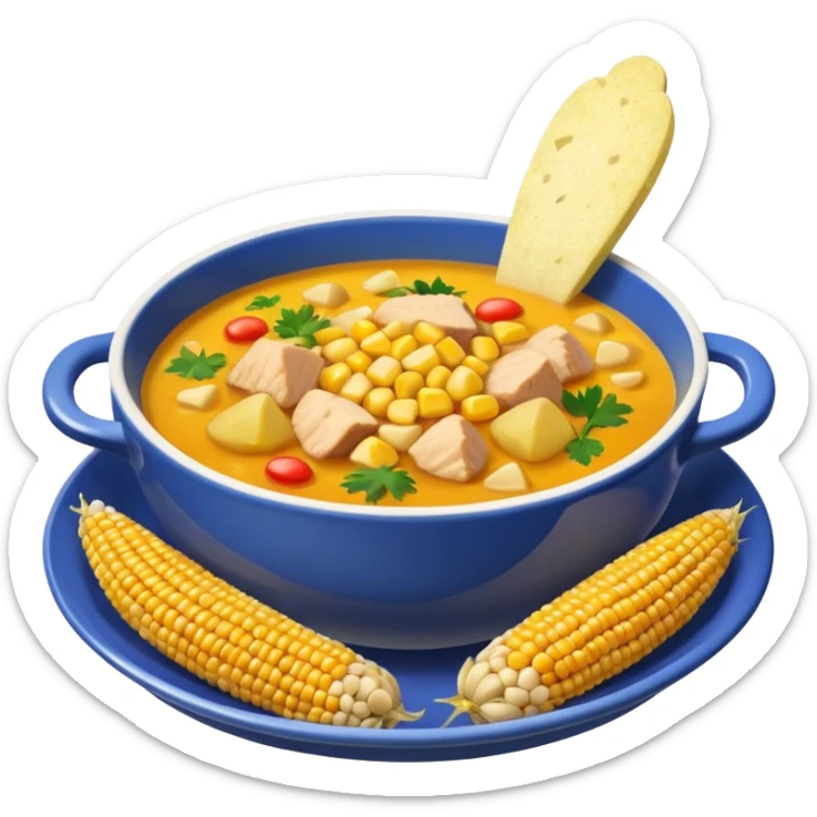emoji of ajiaco soup served in a deep plate with potatoes, chicken, and corn, classic emoji style, vivid colors sticker