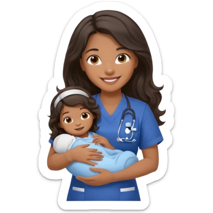 Female nurse smiling with long dark wavy hair with medium brown skin and brown eyes holding one tiny new born baby with navy blue short sleeves sticker