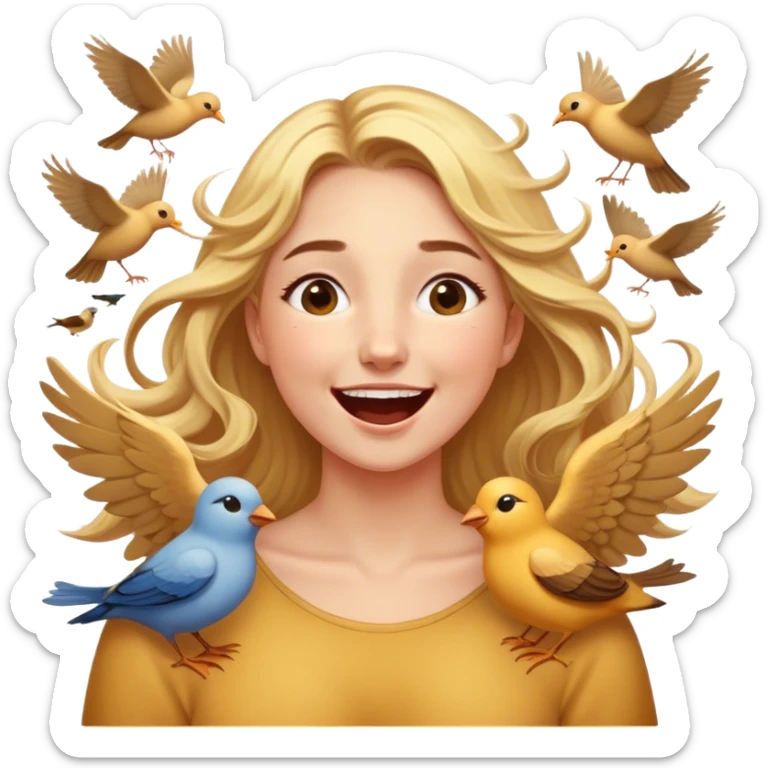 Cinematic Adorable Aurora Portrait Emoji, Giggling in surprise as birds land on her shoulders, cheeks flushed, golden locks bouncing, an irresistible mix of playfulness and beauty! sticker