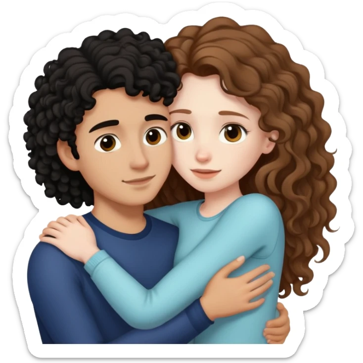 girl with long light brown hair and pale skin hugging a boy with black curly hair and tanned skin sticker