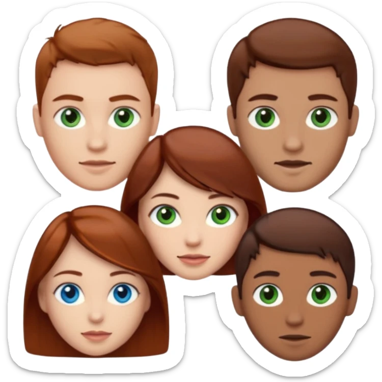 One woman with blue eyes, brown hair, light skin standing next to another woman with darker red brown hair, lighter skin, and green eyes, standing next to a man with no facial hair, blue eyes, and short brown hair sticker