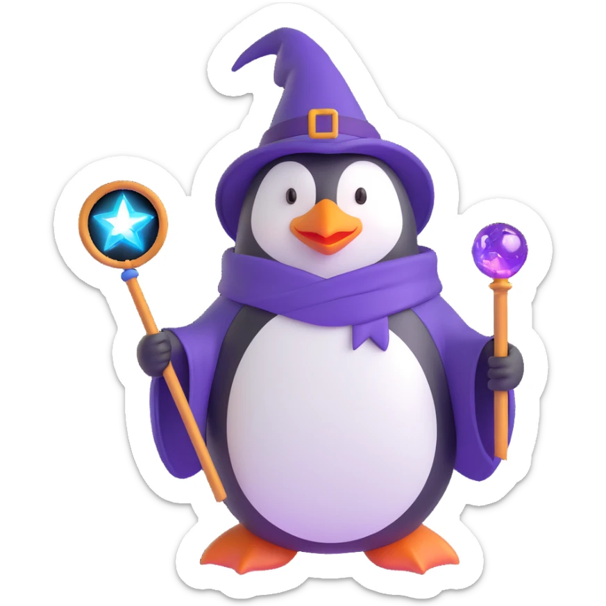 ios 3D style emoji of a penguin wizard with a purple hat and wand, standing on a magic circle sticker