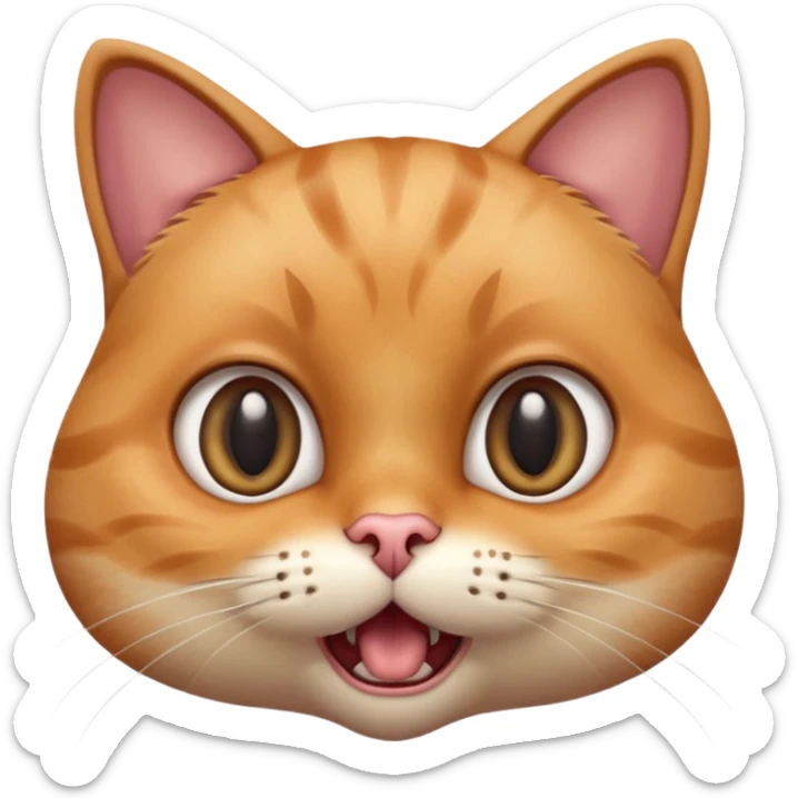 close-up of a cat face with wide eyes and open mouth, fur puffed, eyebrows raised in shock, frightened expression, glossy 3D effect, soft lighting, smooth gradients, high detail sticker