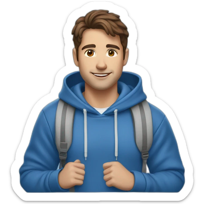 male with brown hair and brown eyes has airpods and wears a blue hoodie sticker
