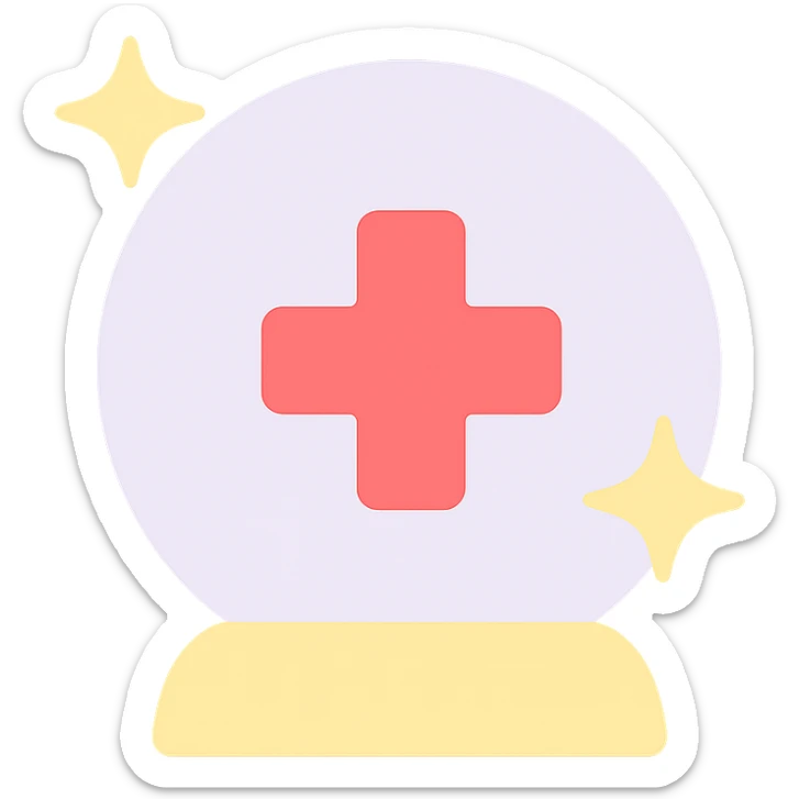 flat icon of a crystal ball with a medical cross and sparkles, symbolizing high quality and affordable healthcare, soft color palette, simple and recognizable sticker