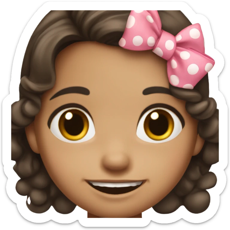 girl with medium dark brown hair and a stupid smile on her face. Wearing a polkadot pink dress and bow, dresses like a two year old. sticker
