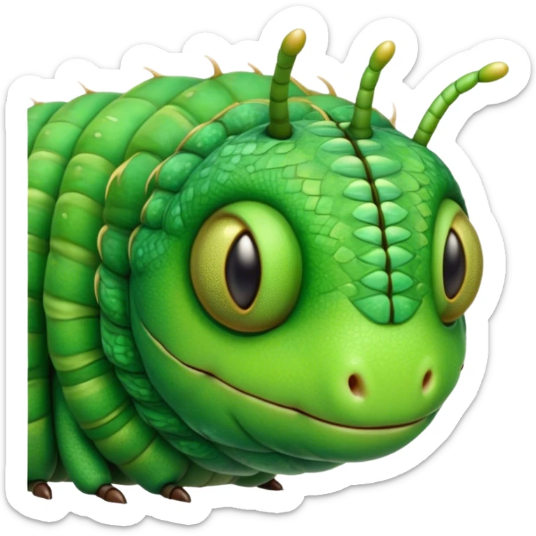 Cinematic Realistic Noble Caterpillar Portrait Emoji, Poised and serene, with a slender, segmented body covered in vivid, detailed green scales accented by subtle natural patterns, and a tiny, focused face with delicate, inquisitive eyes, rendered with lifelike texture and soft natural lighting, high shine, intelligent and delicate, styled with an air of woodland elegance, focused and attentive, soft glowing outline, capturing the essence of a watchful and confident looper caterpillar that appears ready to inch gracefully out of the screen with natural authority! sticker