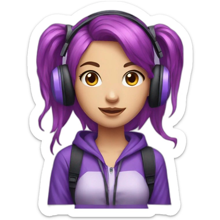 purple hair gamer girl with kitty headphones sticker