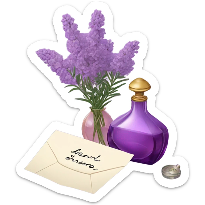 Aesthetic still life of soft violet mimosa flowers, a vintage-style pink perfume bottle, and a lavender love note delicately placed in an envelope.
 sticker