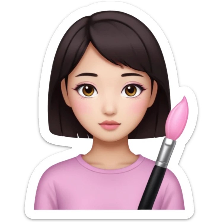 asian girl with short dark brown hair and dark brown eyes with a soft girl pink glowup aesthetic sticker