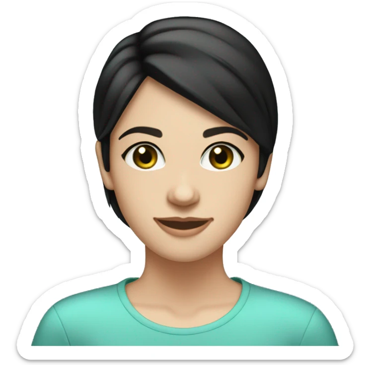 25 year-old caucasian girl white skin black bob hair blue-green eyes, thin face, smiling sticker