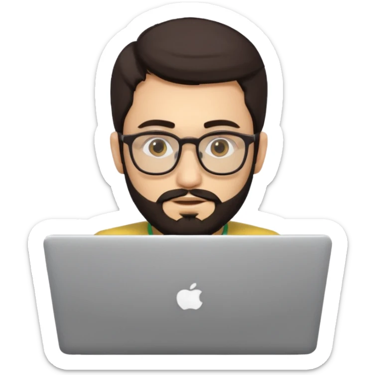 23 year old Azerbaijani man with very dark brown hair and beard with glasses and laptop , light yellow skin face sticker
