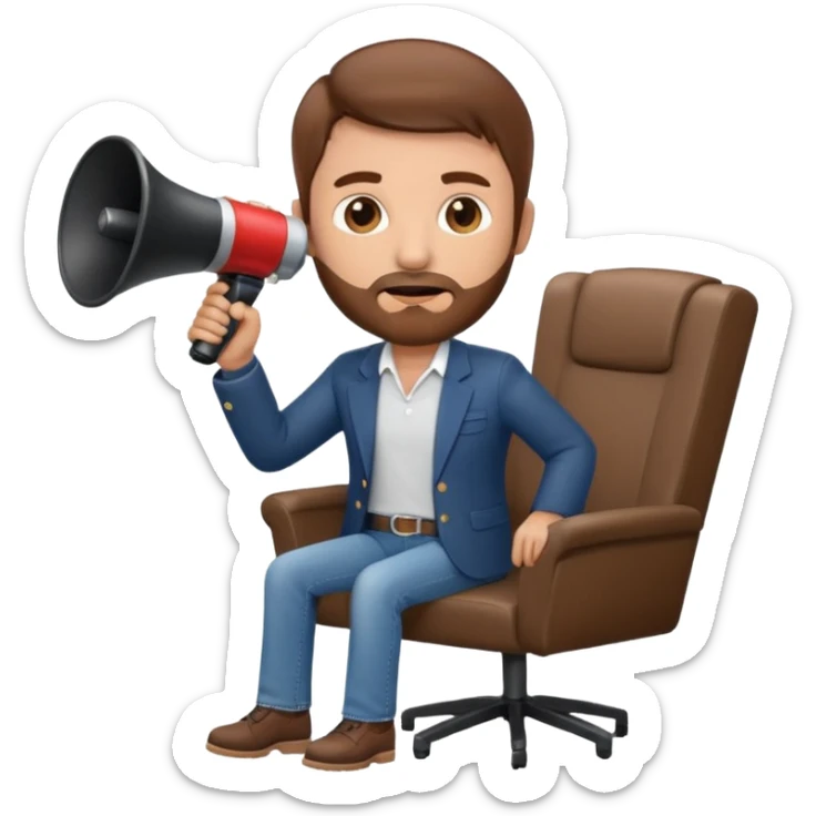 film director emoji with a modern megaphone and director's chair, brown hair and short beard, jeans and a undershirt with blazer top.  sticker