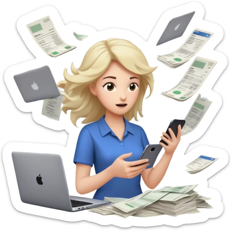 woman holding a phone in one hand, laptop open in front, storm of receipts, invoices, and reminders swirling around, multitasking chaos sticker