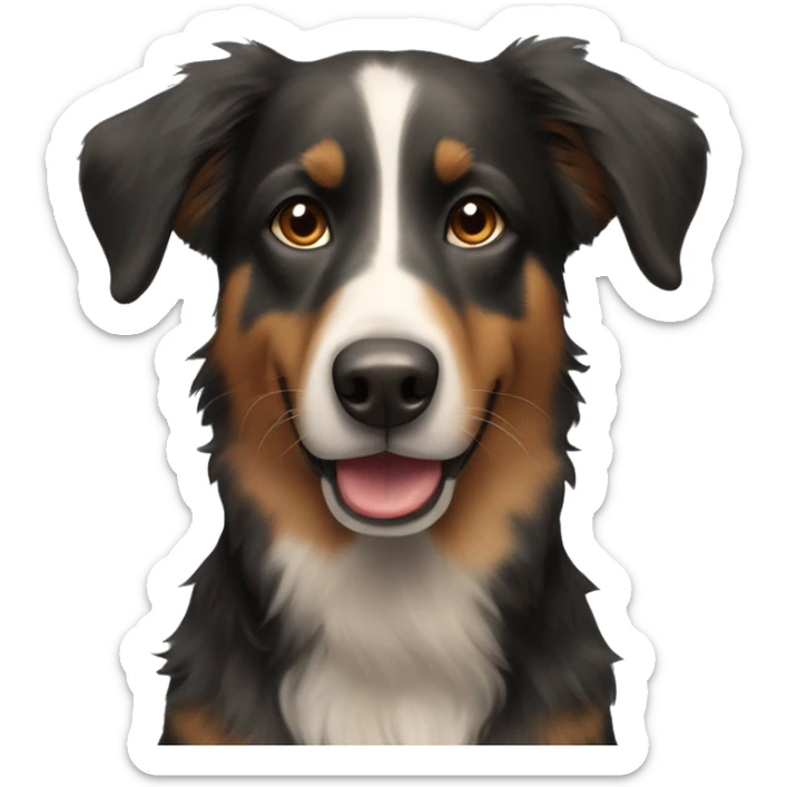 Black dog, an ear up the other down. He looks like an australian shepard sticker