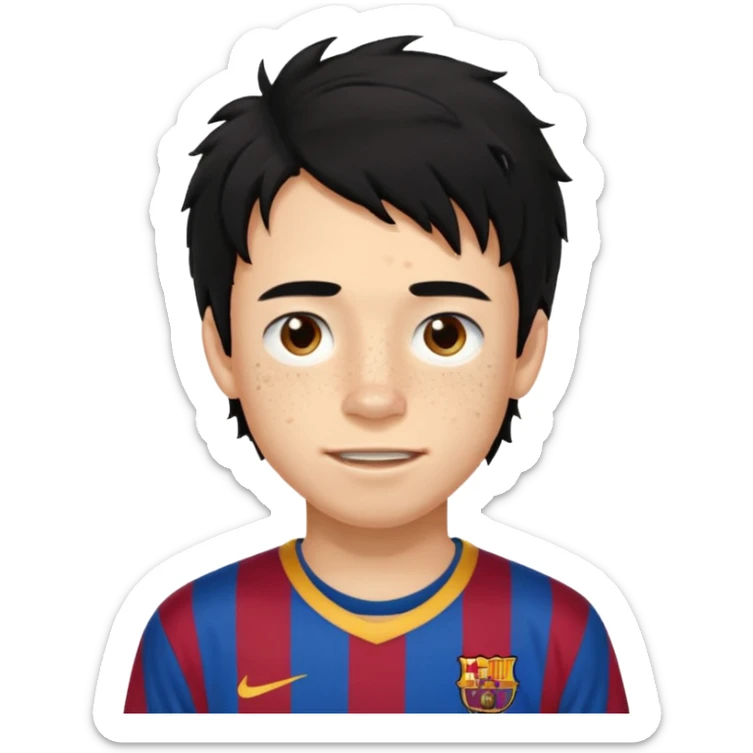 Un chico con pelo largo, desordenado y negro, tiene pecas, brackets, ojos cafés oscuros y con una camisa del Barcelona sticker