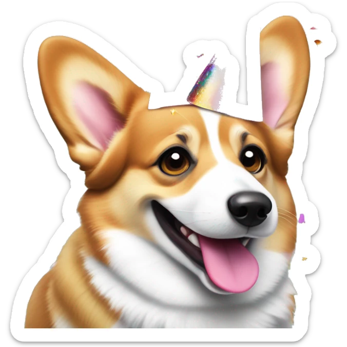 Happy Welsh corgi with a cheeky wink, tongue sticking out, and a colorful party hat, surrounded by confetti for a fun celebration sticker