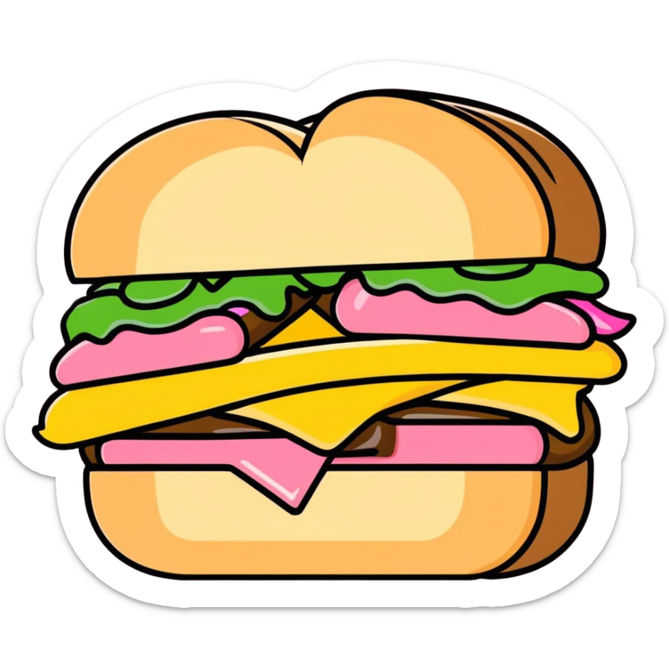 cartoon style half-eaten sloppy sandwich gripped by a hand with pink fingernails sticker