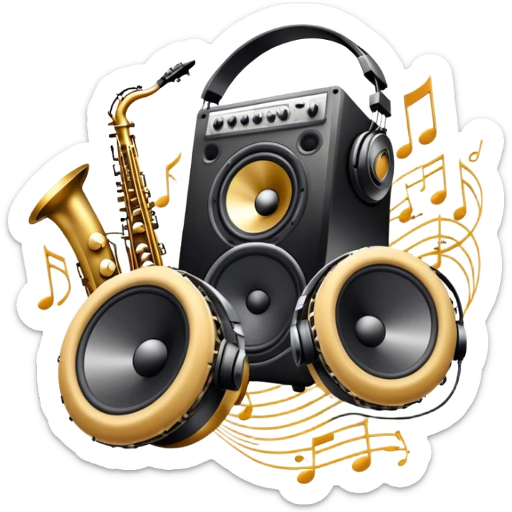 Icon for R&B Music Listening: large concert speakers and headphones with waves of musical notes coming out, along with drums, bass guitar and saxophone. The icon should convey the energetic and rhythmic vibe of R&B music. Transparent background sticker