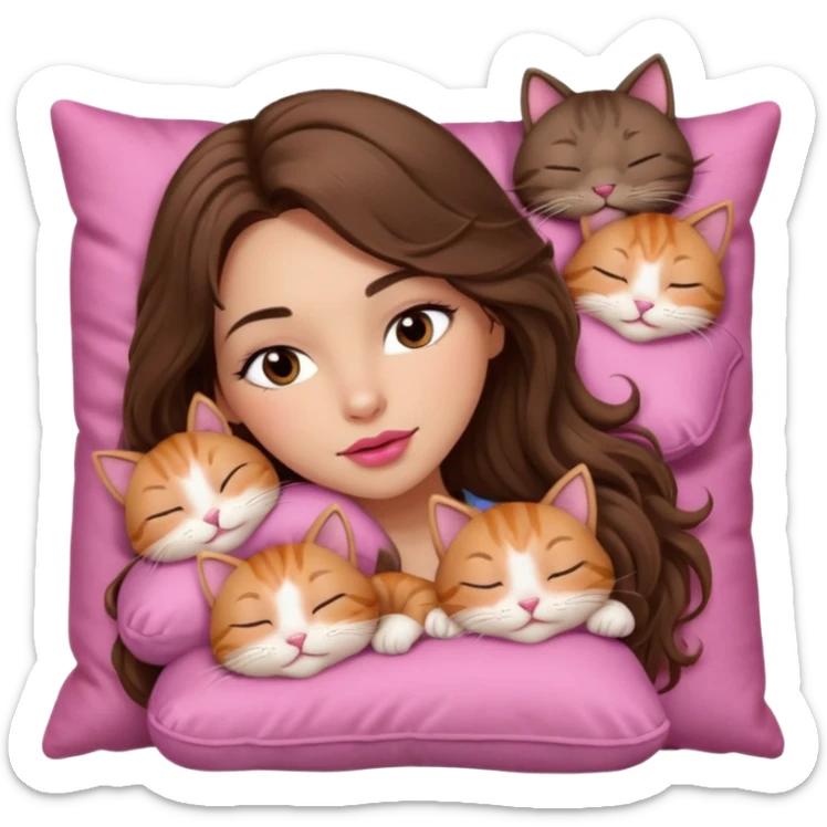 girl with long wavy brown hair, brown eyes, long lashes makeup, sexy pink lips, light to medium complexion, sleeping on a cozy pillow, with 6 cute cats, sleeping sticker