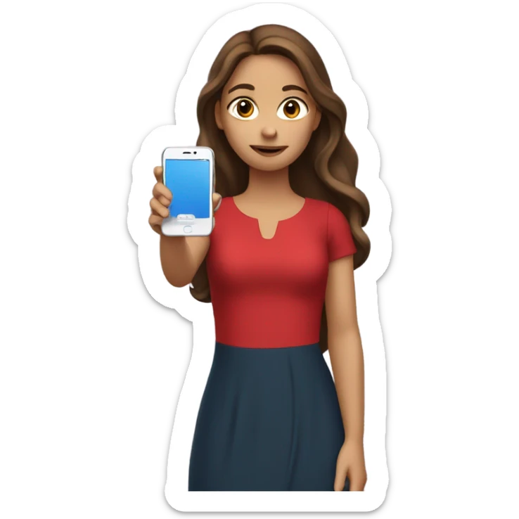 a white girl with long brown hair in a red dress holding a cell phone showing it sticker
