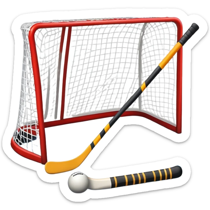 A ball and hockey stick resting on an ice rink, with the goalposts and clear markings in the background. The scene captures the unique nature of field hockey with a ball on ice, emphasizing the speed and precision of the sport in a cold, competitive atmosphere. sticker