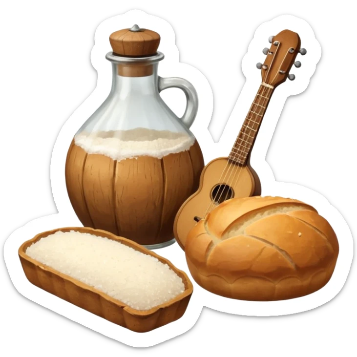 steampunk - a bottle of salt (salt shaker) and a loaf of peasant bread with a small mandolin sticker