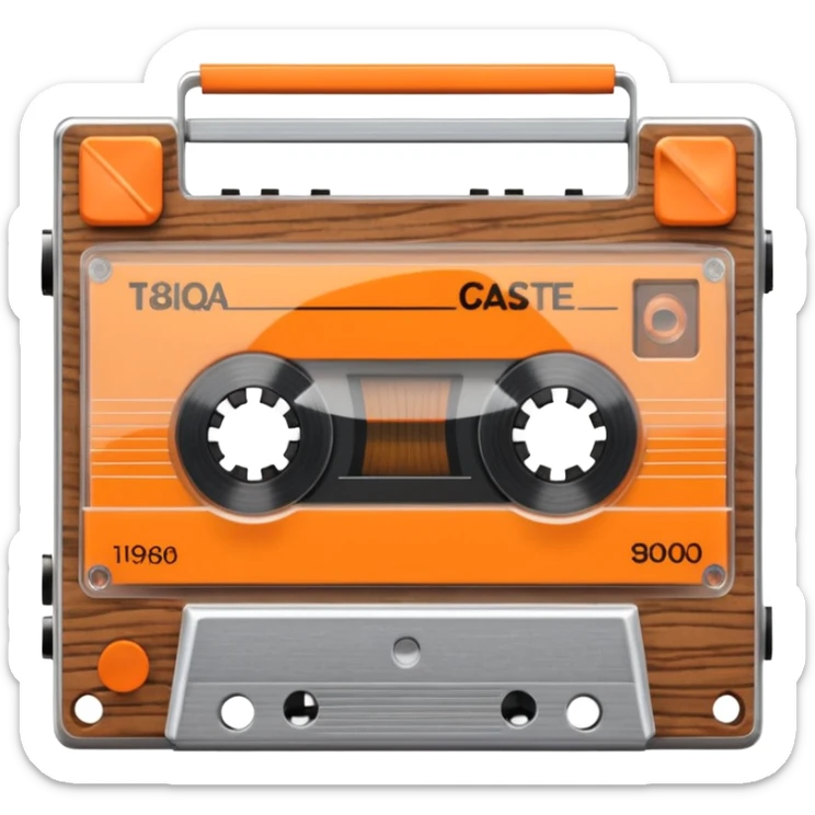 3D render of Cassette Tape, vintage 1980s audio equipment aesthetic, tactile analog buttons, transparent clear plastic with orange ribbon reels inside, mixed wood grain and brushed aluminum textures, Apple emoji style, isolated on white background --v 6.0 sticker