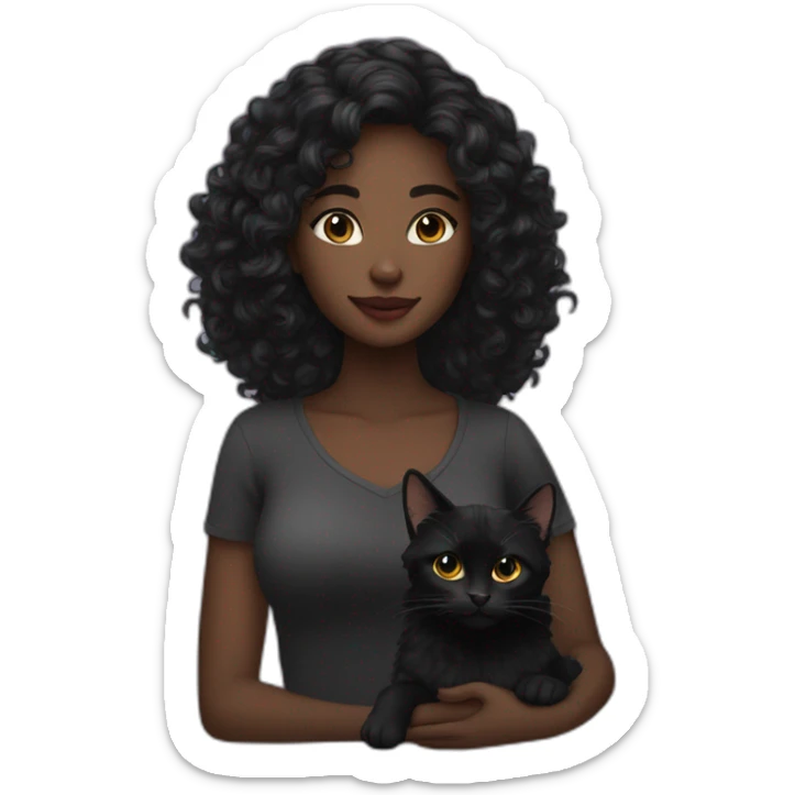 woman dark skin long curly hair black cat sticker