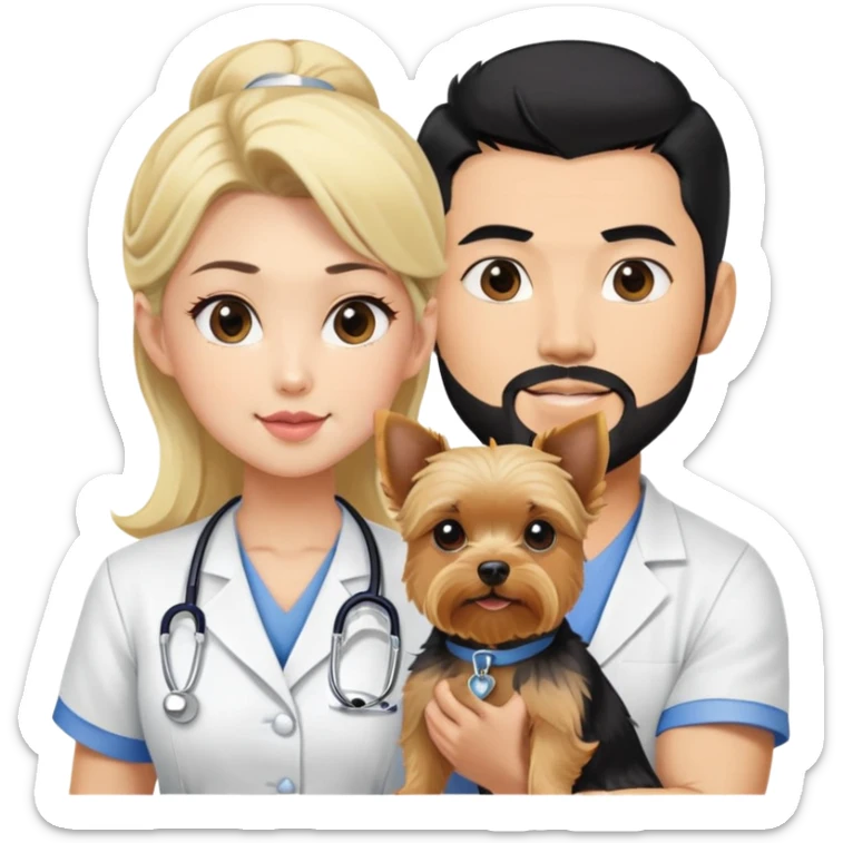 Blonde nurse next to black haired Korean Asian handsome muscular man black pointy hair full goatee.   Holding one blonde yorkie.  sticker