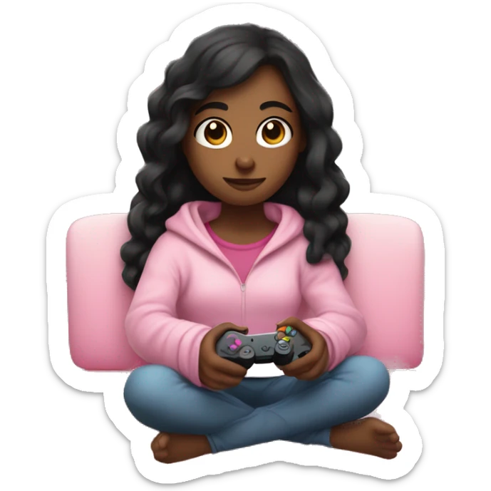 girl with dark hair wrapped up in a blanket sitting on a couch with a pink gaming controller in her hands sticker