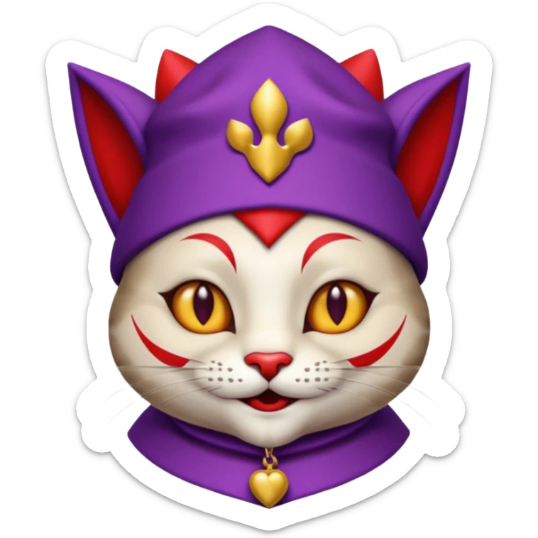 crazy colorful cute little cat jolly joker from poker, medieval, vintage, court jester, mac os icon, purple and red color, half body sticker