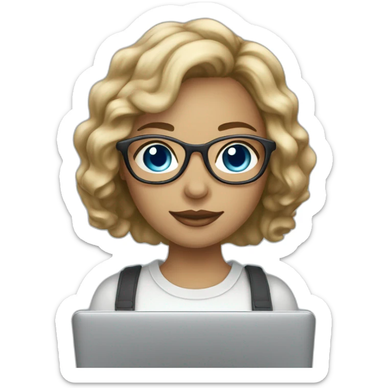 dark-blonde girl with bob wavy hair and blue eyes in glasses silver color glasses holding laptop light skin sticker