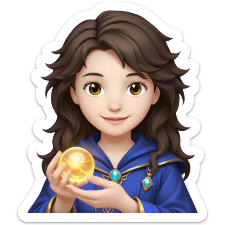 A teen brunette mage with tousled hair, holding a tiny glowing orb and smiling confidently. sticker