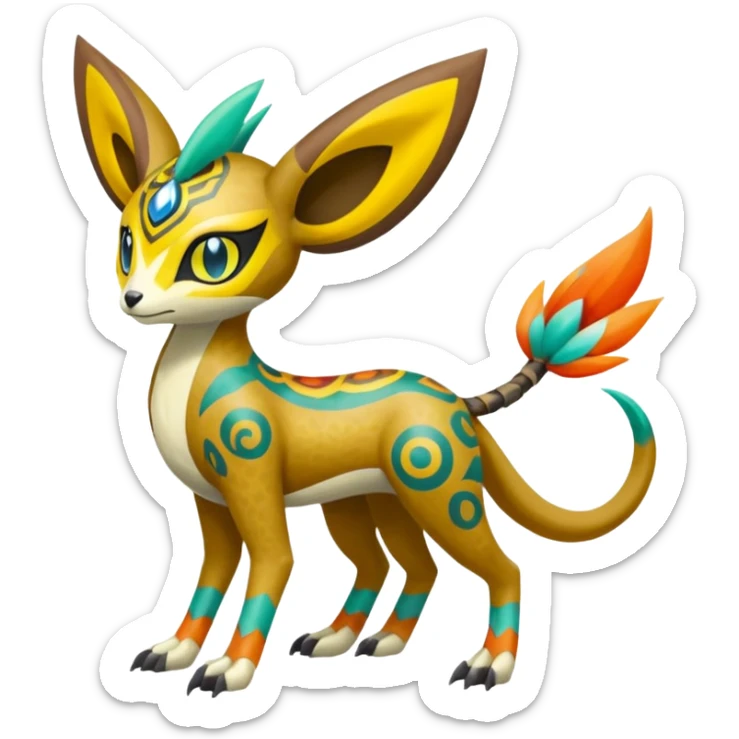 Tribal Colorful Exotic Fionbri-Kalon-Falvie-Vernid-Meloetta-Pokémon-Fakémon-Digimon-Spectrobe-hybrid-fusion, full body sticker