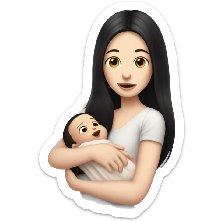 Pale girl with long black hair is holding a pale newborn baby sticker