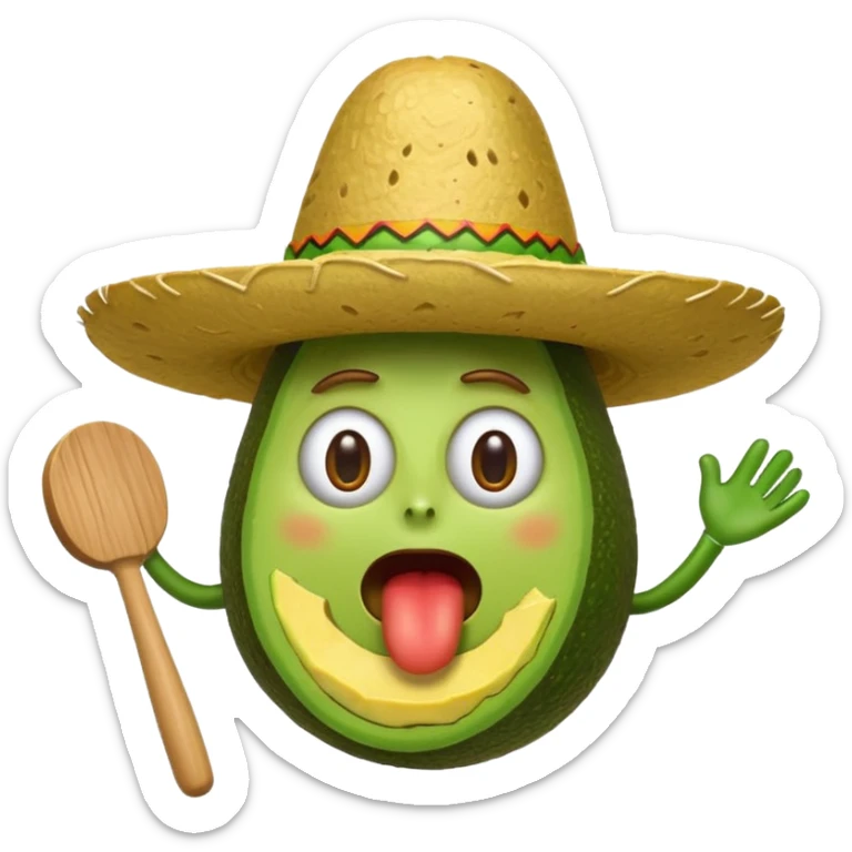 surprised avocado in guacamole wearing a sombrero with a mallet in motion above its head, whack-a-mole action, iOS emoji style sticker