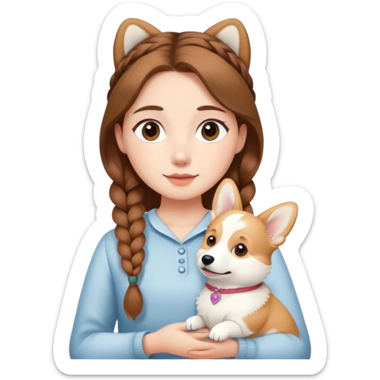 The girl with brown hair in a single braid is holding a white corgi sticker
