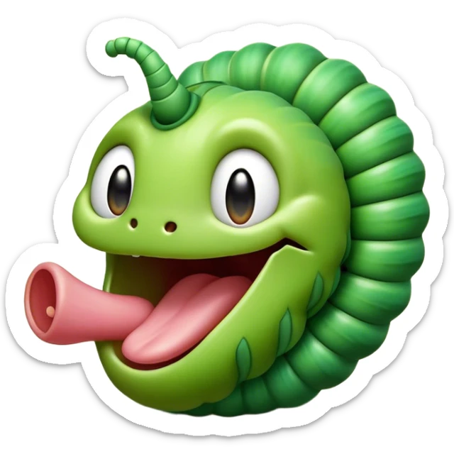 Cinematic Realistic Cute Yawning Caterpillar Portrait Emoji, Head tilted slightly with a dramatic, wide-open yawn, showcasing a soft, downy segmented body in vivid green with subtle drooping and half-closed, drowsy eyes, rendered with intricate natural texture and gentle shadows, high shine, relaxed yet expressive, styled with a dash of woodland charm, soft glowing outline, capturing the essence of a sleepy yet affectionate caterpillar that appears ready to stretch out and rest among the leaves! sticker