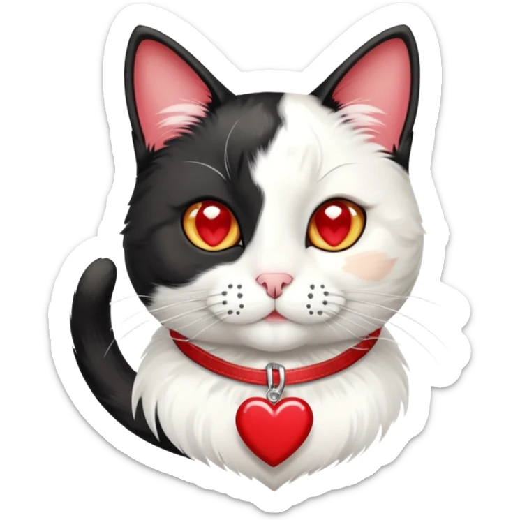 tuxedo cat with red leash and heart pendant, white fur only on mouth, small diamond spot above nose sticker